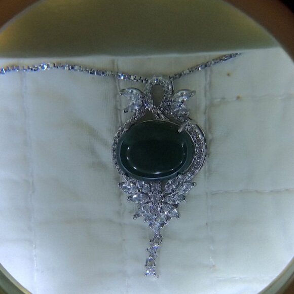 Vintage 925 Sterling Silver Green Gemstone and Crystals 23.5" Necklace - Picture 1 of 9